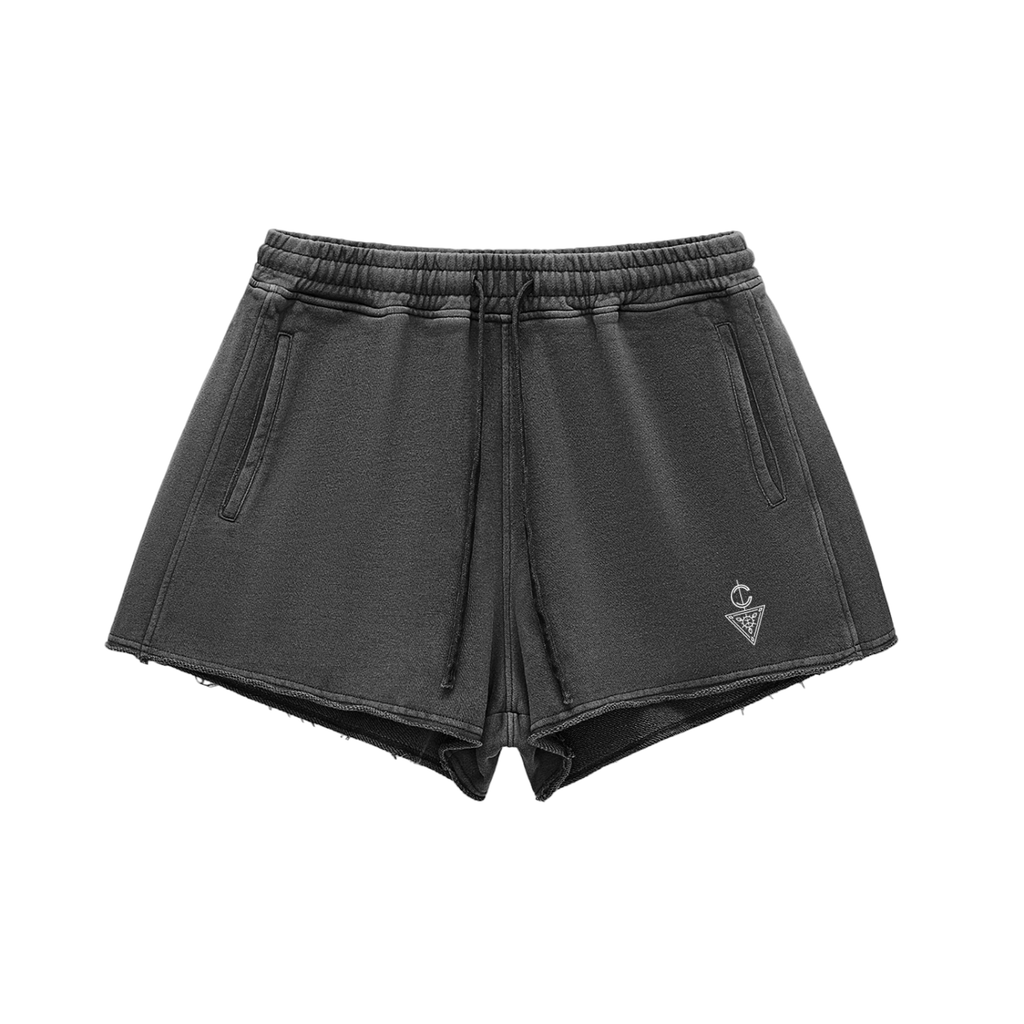 Signature Branded Snow Washed Raw Edge Drawstring Shorts