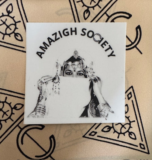 Sticker with 'Amazigh Society' text on a patterned background